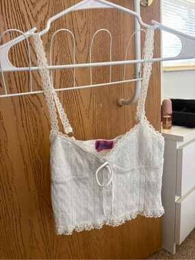 White Lace-Trim Crop Tank with Tie Front